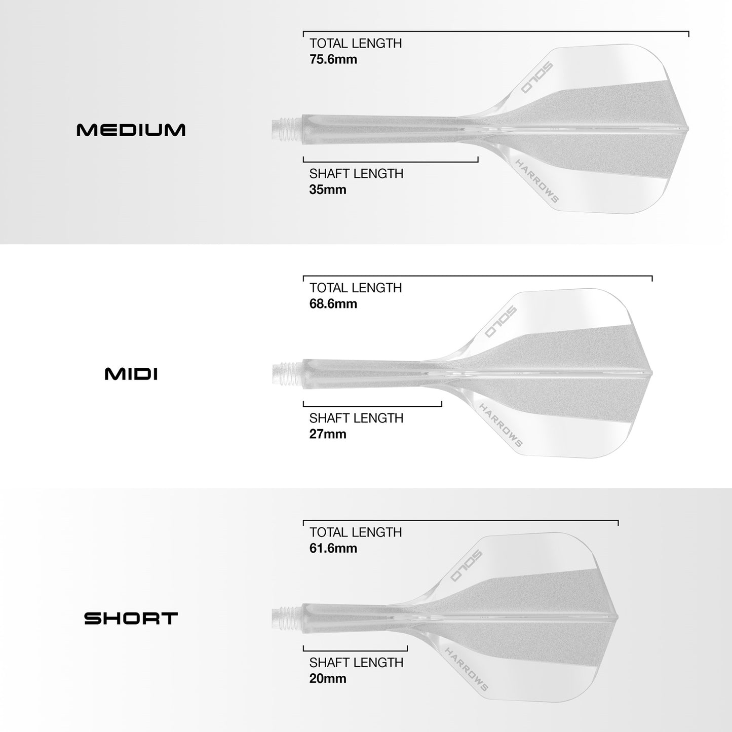 Harrows Solo Flight and Shaft Midi for darts, showing a close-up of the flight and shaft components in black and silver.