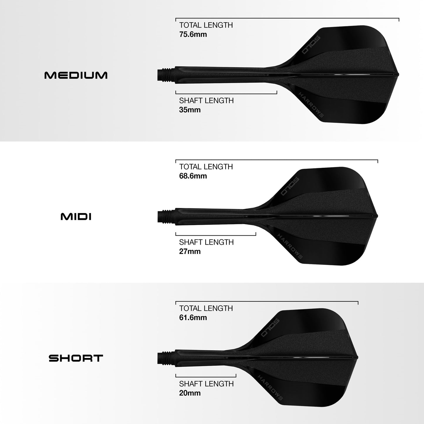 Harrows Solo Flight and Shaft Medium for darts, featuring durable construction and a sleek design, compatible with standard dart setups.