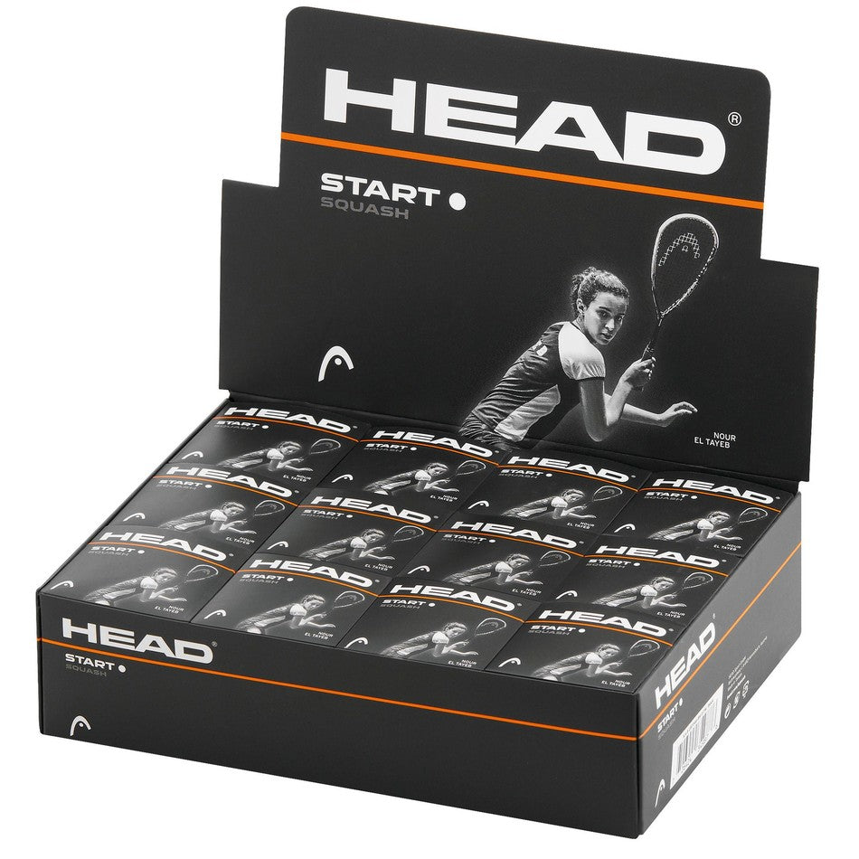 Box of 12 Head Start Squash Balls with single white dot, designed for recreational squash play, sporting goods from Head.