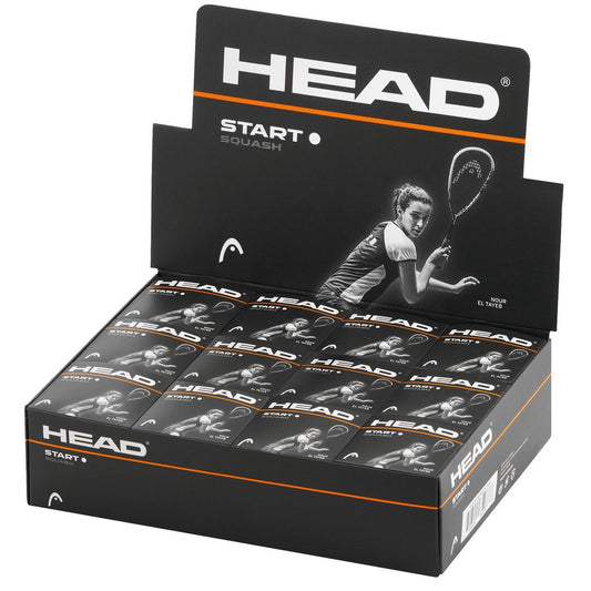 Box of 12 Head Start Squash Balls with single white dot, designed for recreational squash play, sporting goods from Head.