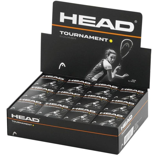 Head Tournament Squash Balls with yellow dot, single ball in box of 12 for squash matches, sporting goods from Head.