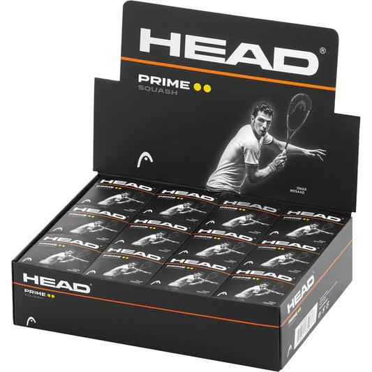 Box of 12 Head Prime Squash Balls with double yellow dots, designed for professional squash play, sporting goods equipment