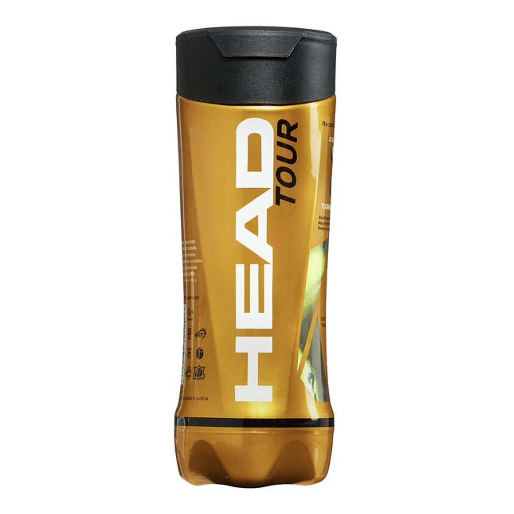 Head Tour tennis balls in a tube of 3, sporting goods, with bright yellow surface and brand logo visible.