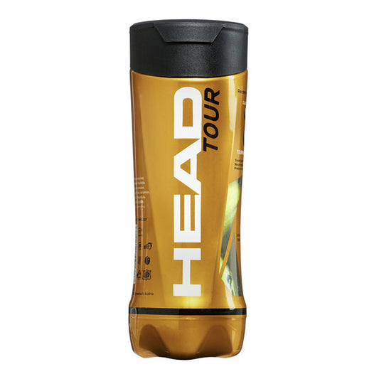 Head Tour tennis balls in a tube of 3, sporting goods, with bright yellow surface and brand logo visible.
