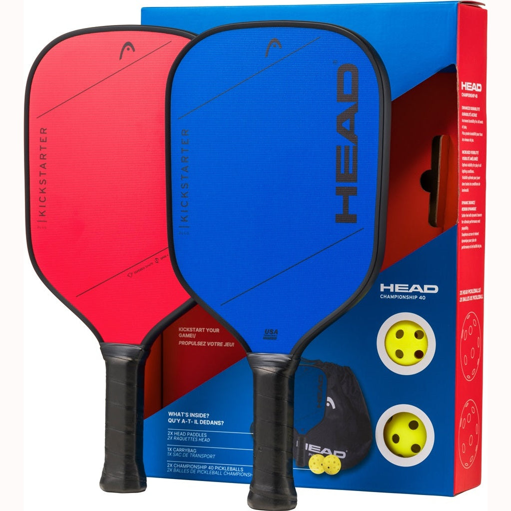 Head Pickleball Kickstarter Pack showing a set of colorful pickleball paddles and balls on a court surface.