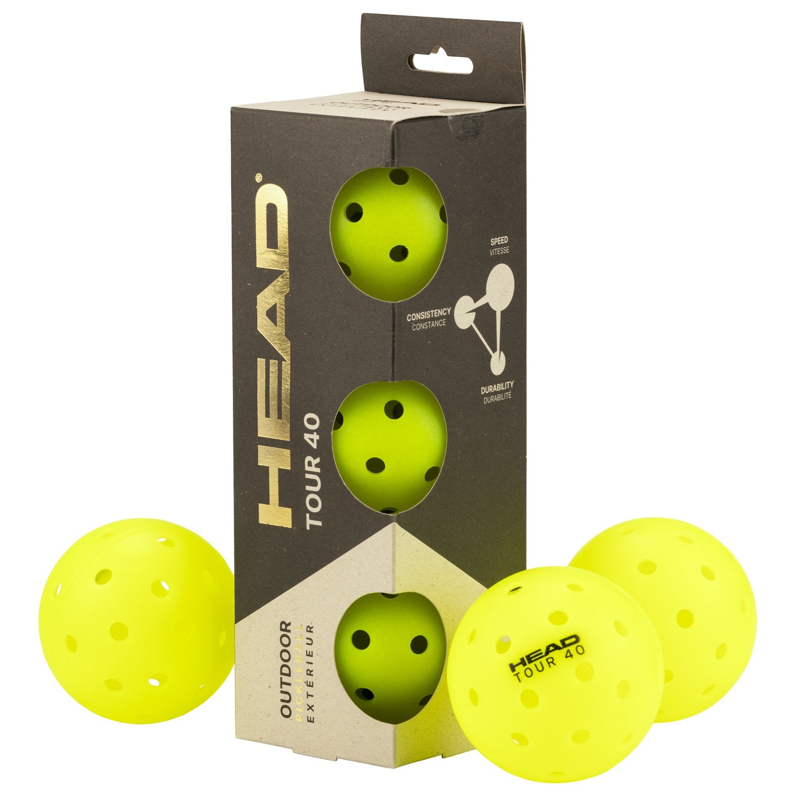 Head Pickleball Tour 40 3-ball pack featuring three durable pickleball paddles with vibrant designs for recreational play.