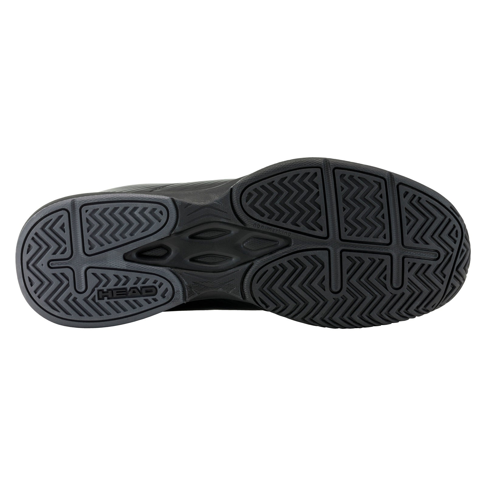 Men's HEAD Revolt Court tennis shoe with a white and black design, featuring supportive sole and breathable mesh upper.