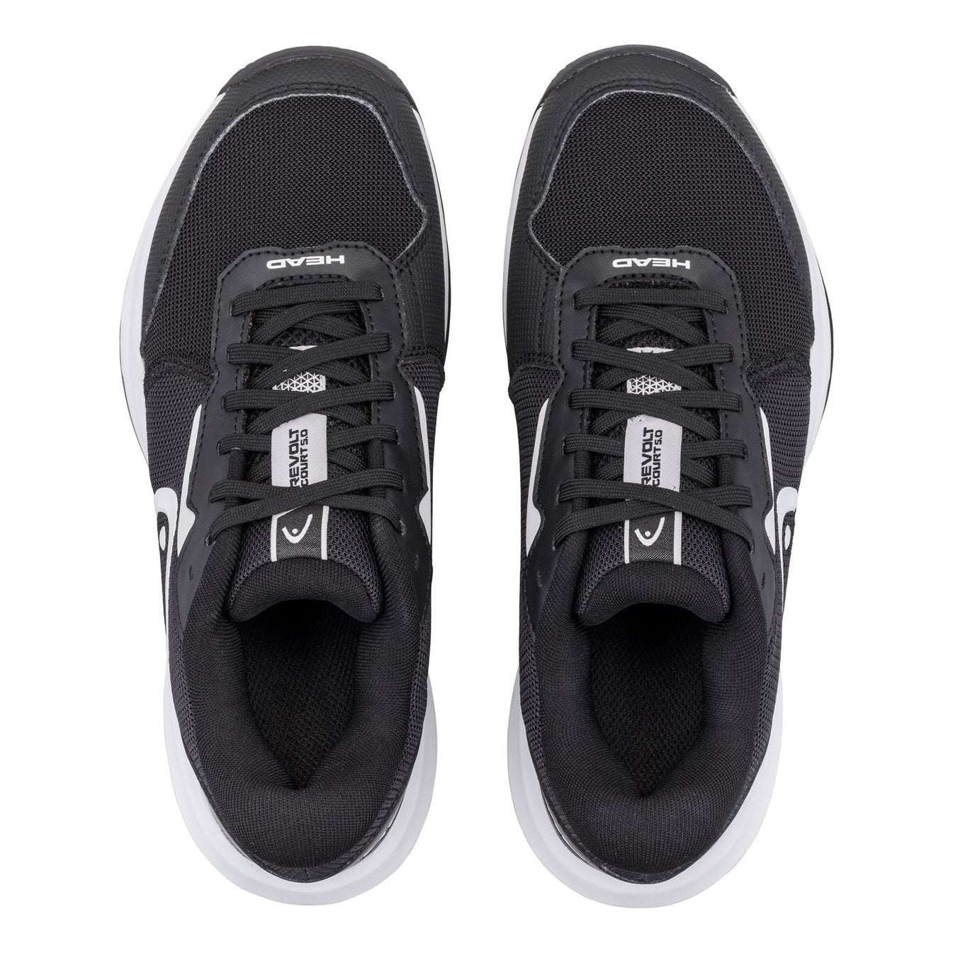Women's HEAD Revolt Court 5.0 tennis shoe with white and blue design, featuring breathable mesh and cushioned sole for comfort.