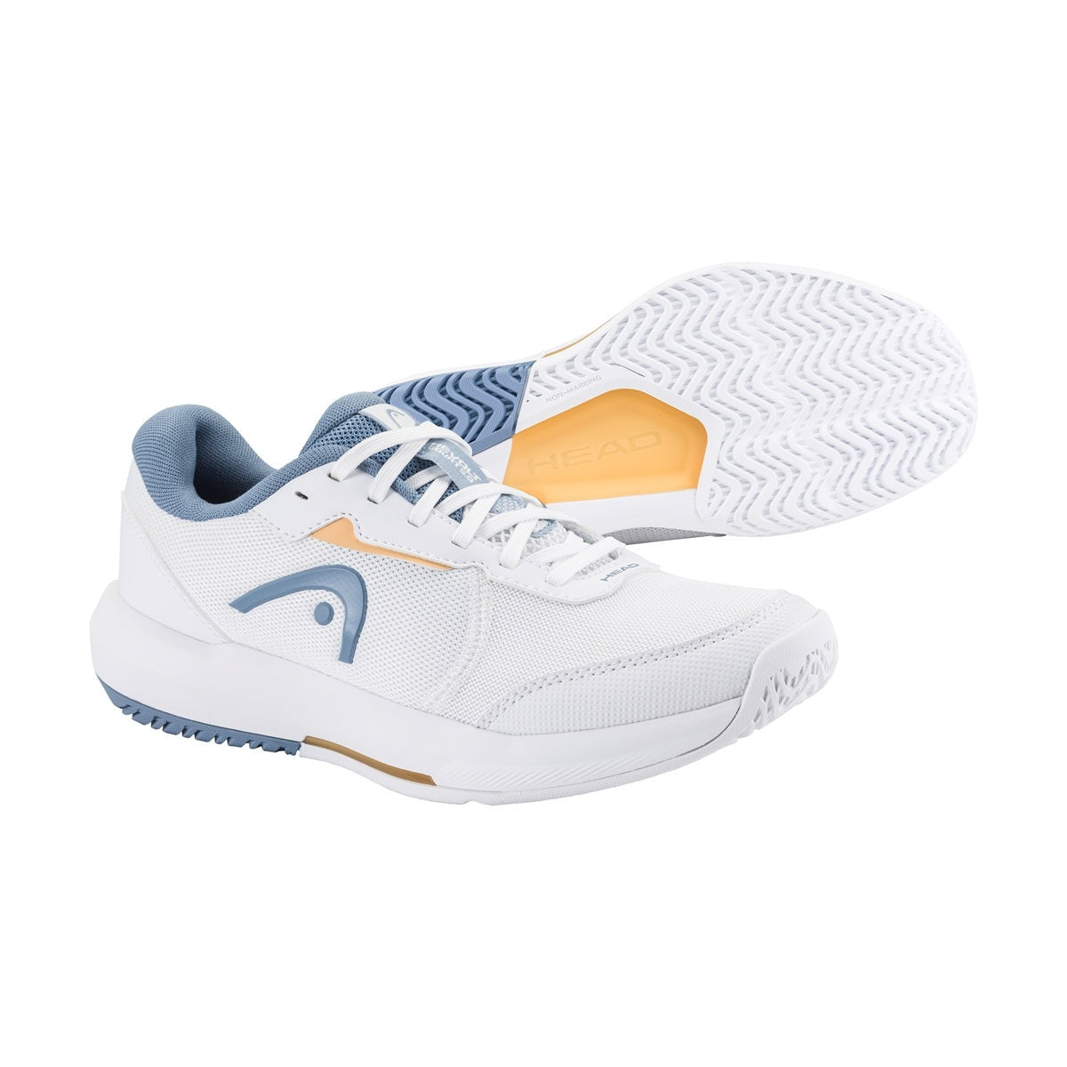 Womens HEAD Revolt Court 5.0 tennis shoe featuring a white and pink design, breathable mesh upper, and durable rubber outsole.