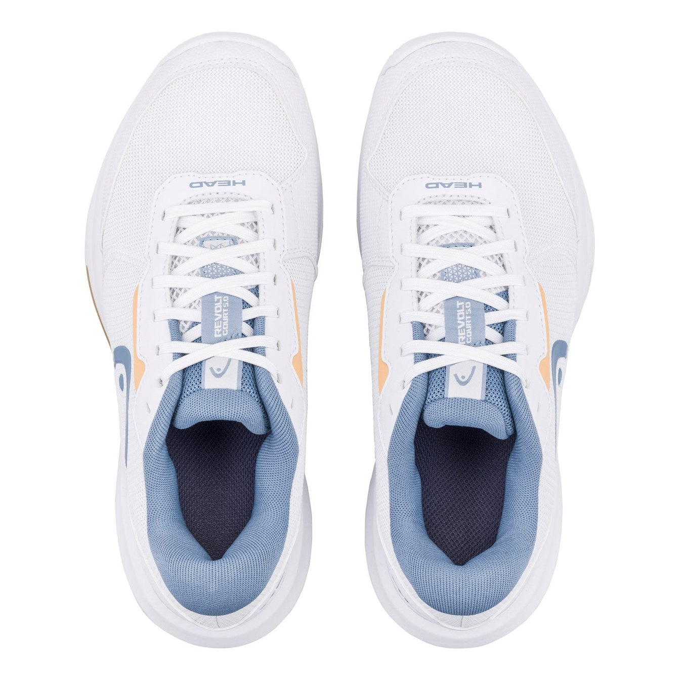 Women's Head Revolt Court 5.0 tennis shoe with white and blue design, featuring supportive sole and breathable upper.