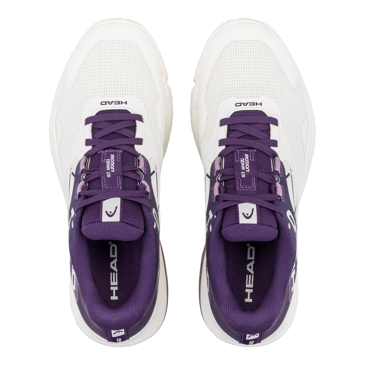 Womens HEAD Motion Team 1.5 padel shoe with supportive design and sporty style, featuring a sleek white and blue color scheme.