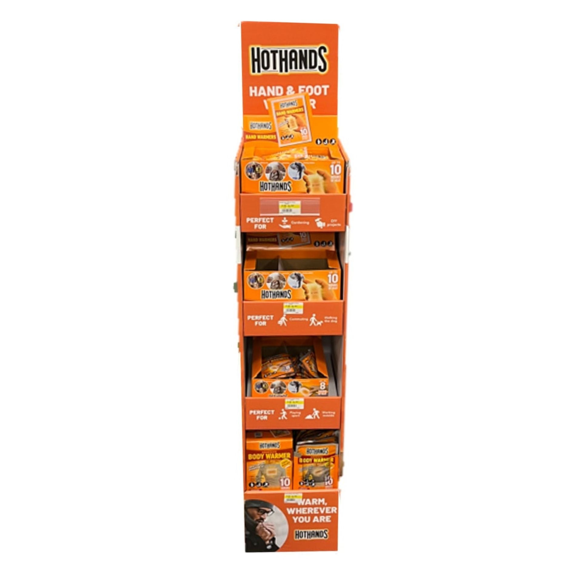 HotHands Slimline FSDU hand warmer display for sporting goods, featuring multiple warmers in a retail display setup