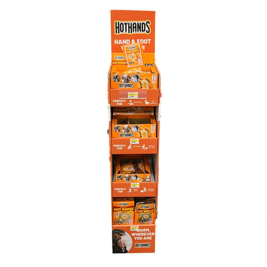 HotHands Slimline FSDU hand warmer display for sporting goods, showcasing compact warmers in a retail setup.