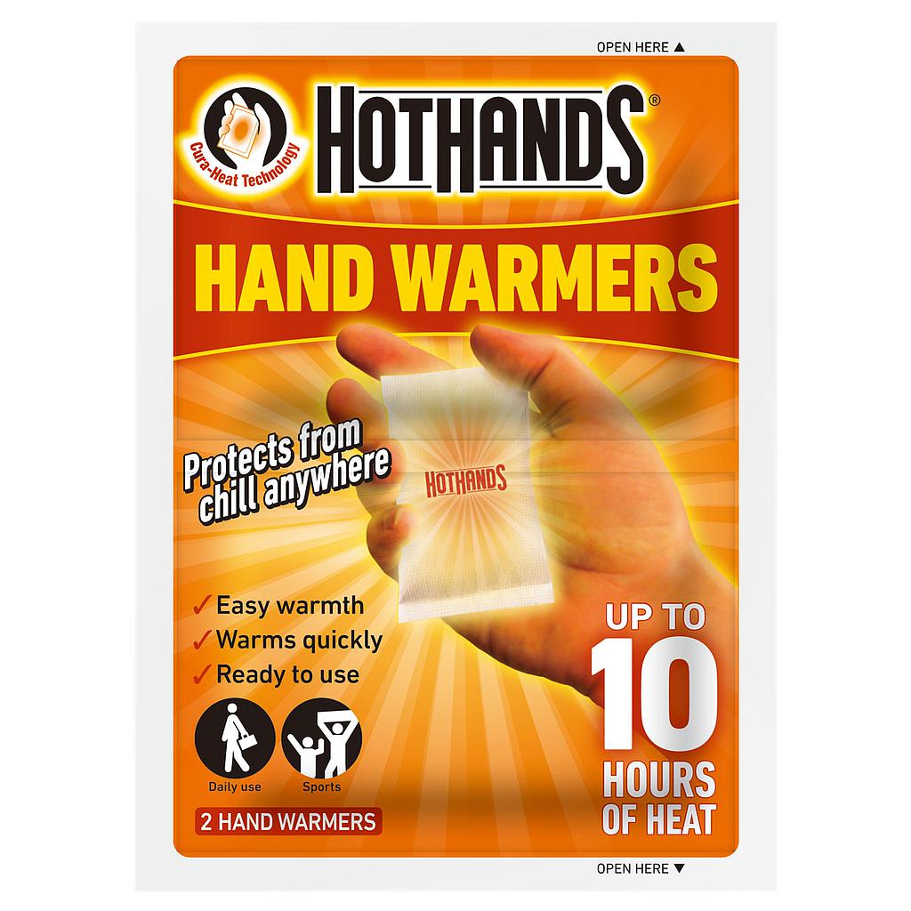 HotHands Hand Warmers, disposable sporting goods hand warmers shown in a pack, designed to provide heat during outdoor activities.