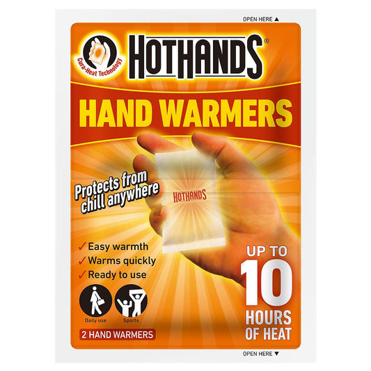 HotHands Hand Warmers, disposable sporting goods hand warmers shown in a pack, designed to provide heat during outdoor activities.