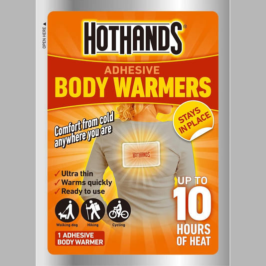 HotHands adhesive body warmer, disposable heating pad for sporting and outdoor activities, in packaging with product details visible.