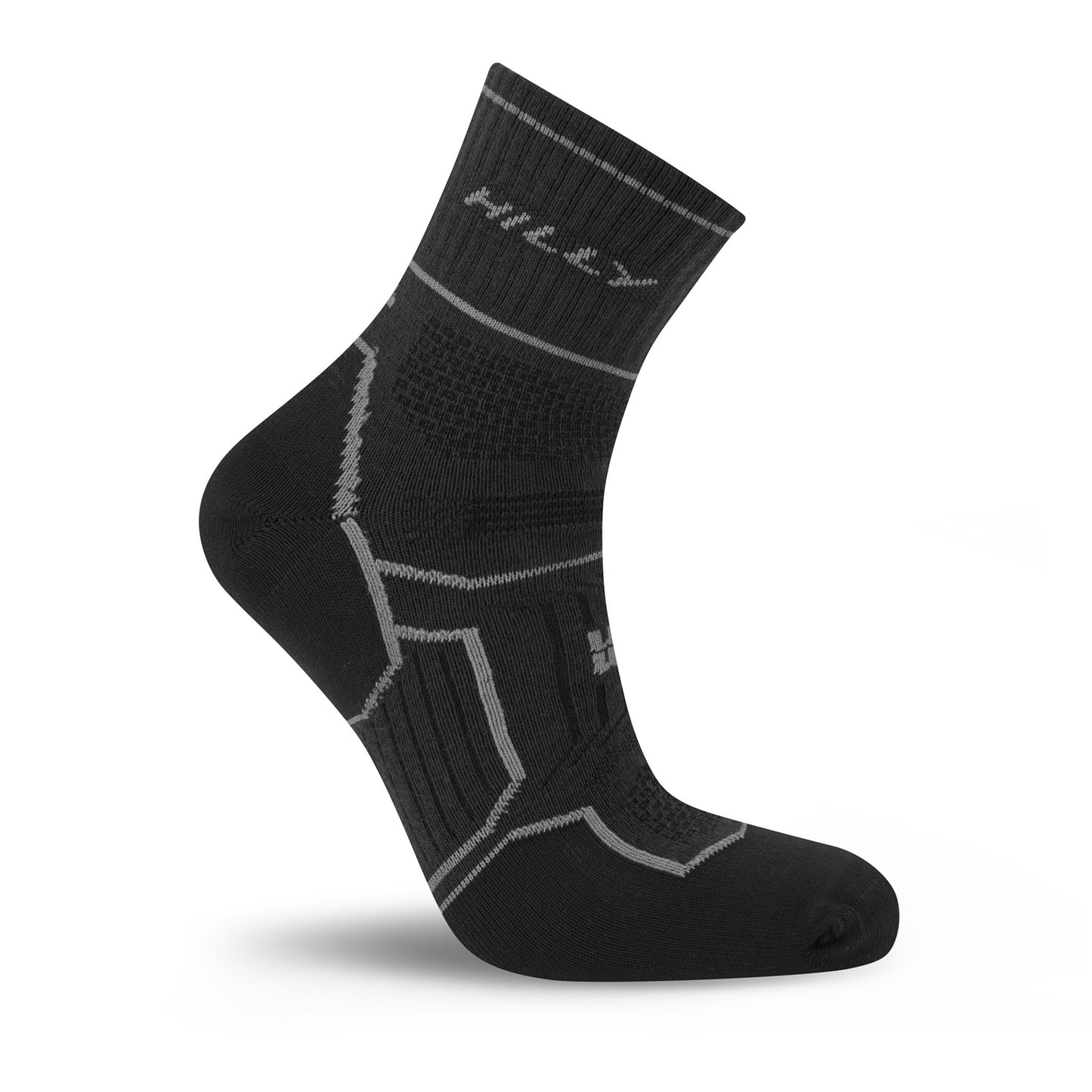 Hilly Twin Skin Anklet Sock for running, medium size, close-up of gray sock with black accents and breathable fabric.