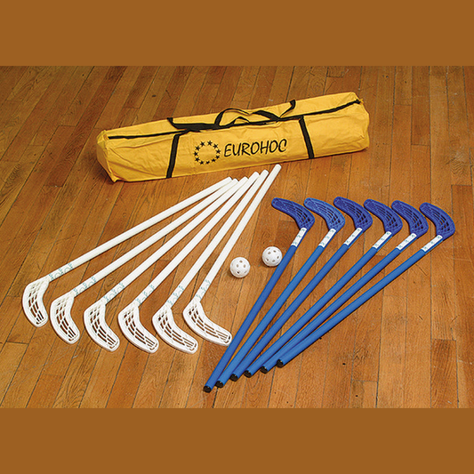 Eurohoc Club Hockey Set with hockey sticks, pucks, and protective gear for youth or recreational hockey games.