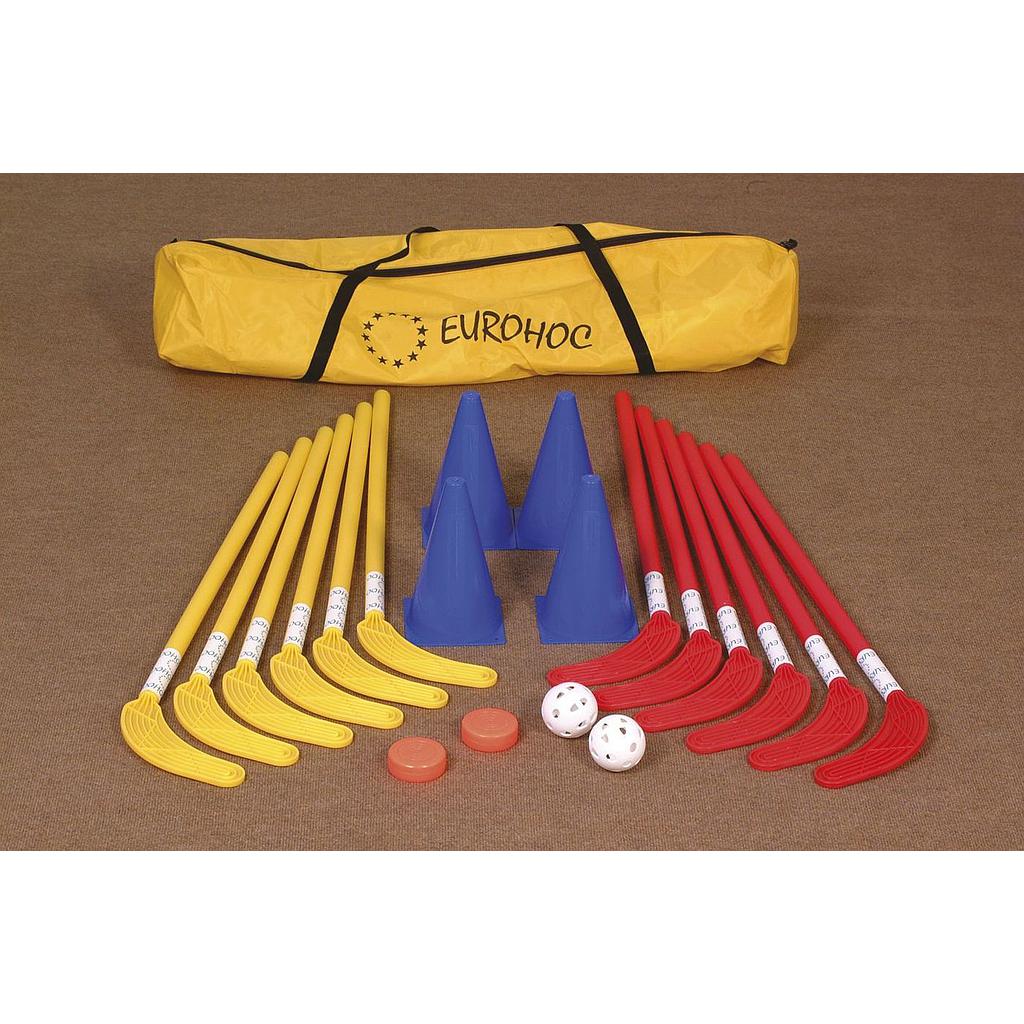 Eurohoc Junior Hockey Set with skates, sticks, and protective gear for beginner hockey players in sporting goods.