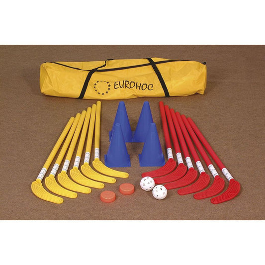 Eurohoc Junior hockey set featuring a youth-sized hockey stick, puck, and protective gear for young players.
