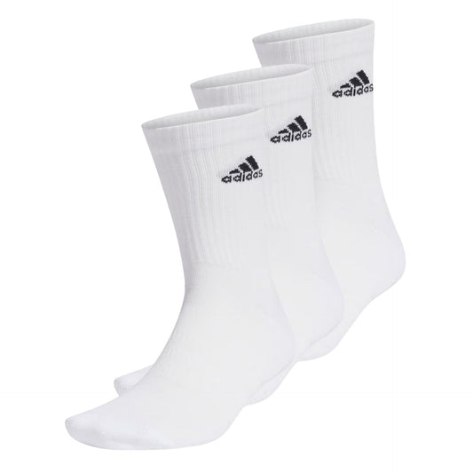 Set of three Adidas cushioned crew socks for adults, featuring breathable fabric and comfortable fit for sports and daily wear.
