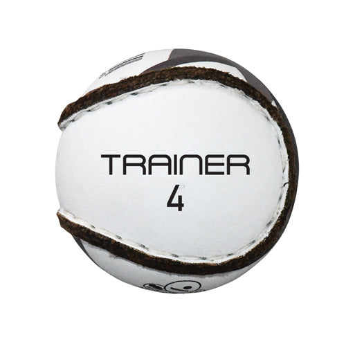 Murphy's hurling sliotar ball with white and blue stitching, designed for hurling sports, shown in close-up detail.