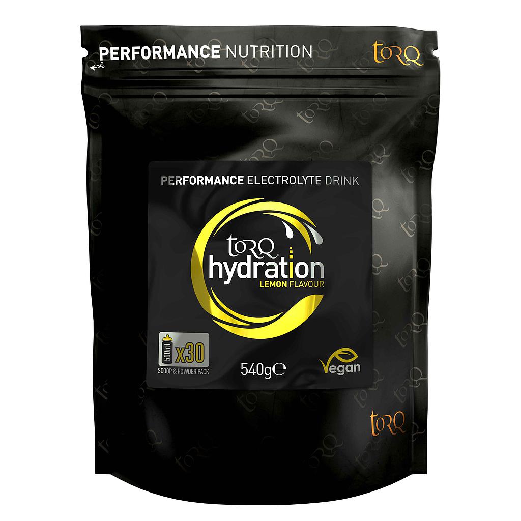 Torq Hydration Drink 540g pouch in a sporting goods setting, showing the product packaging and branding.