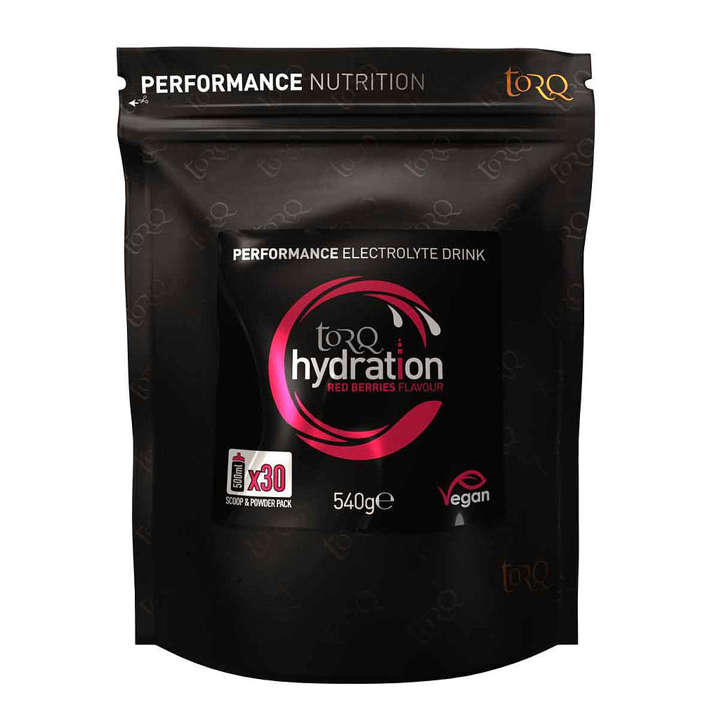 Torq Hydration Drink 540g pouch with orange flavored powder and measuring scoop, designed for sports hydration and endurance.