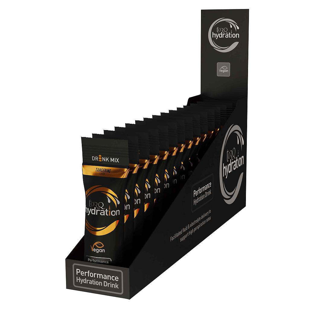 Box of 15 Torq Hydration Drink Sachets for sports, showing colorful sachets on the packaging.
