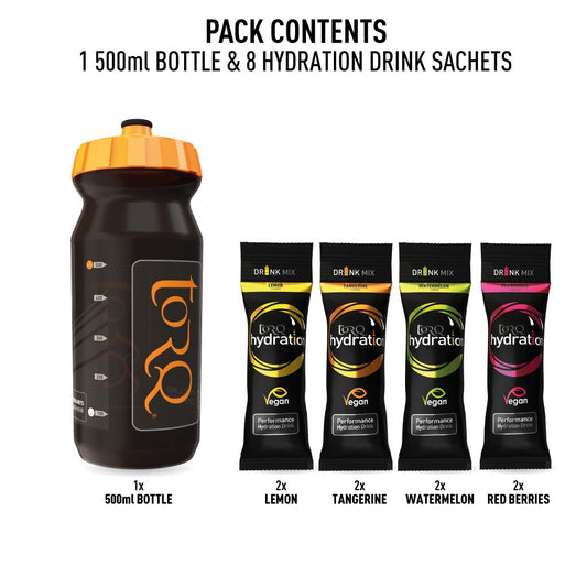 Torq Hydration 500ml water bottle with 8 mixed hydration sachets, sporting goods product for active hydration and sports nutrition.