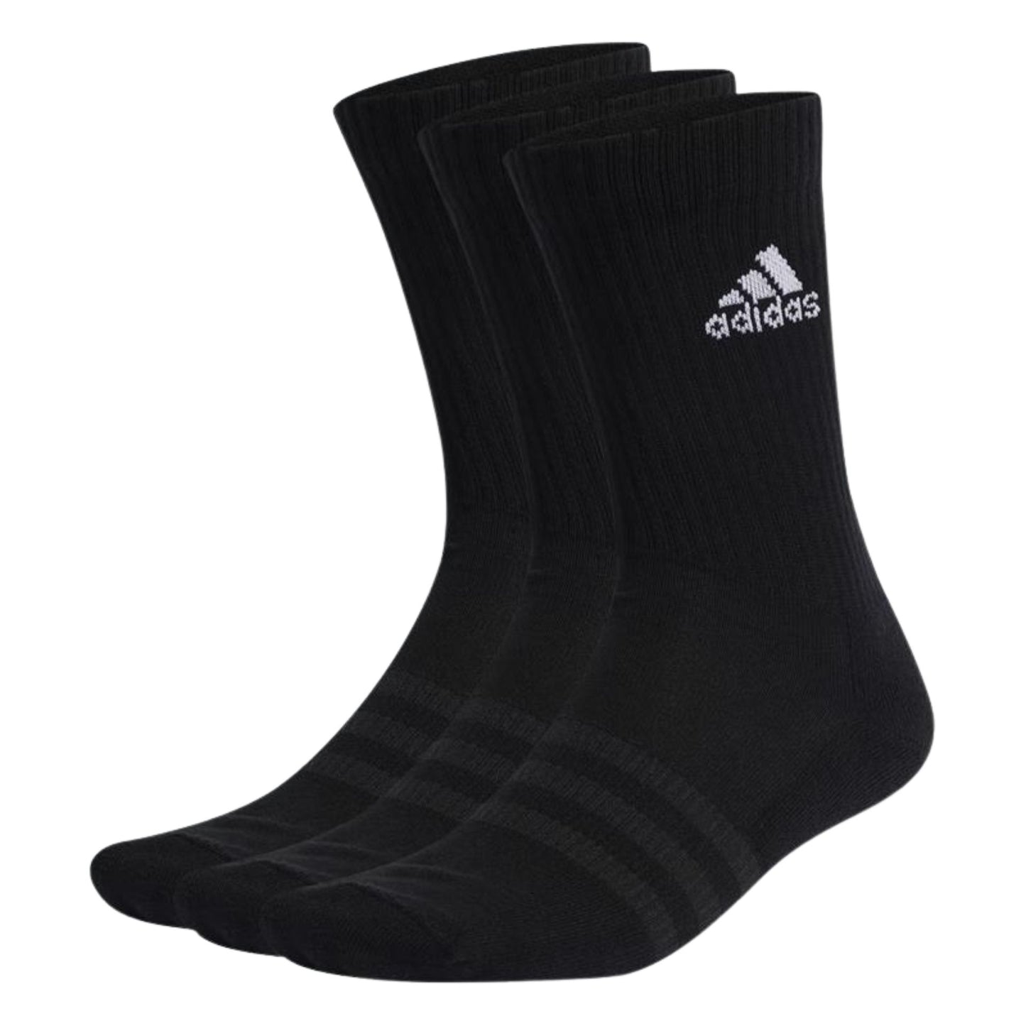 Set of three Adidas Cushioned Crew Socks for adults, featuring comfortable fit and sporty design, ideal for athletic activities.