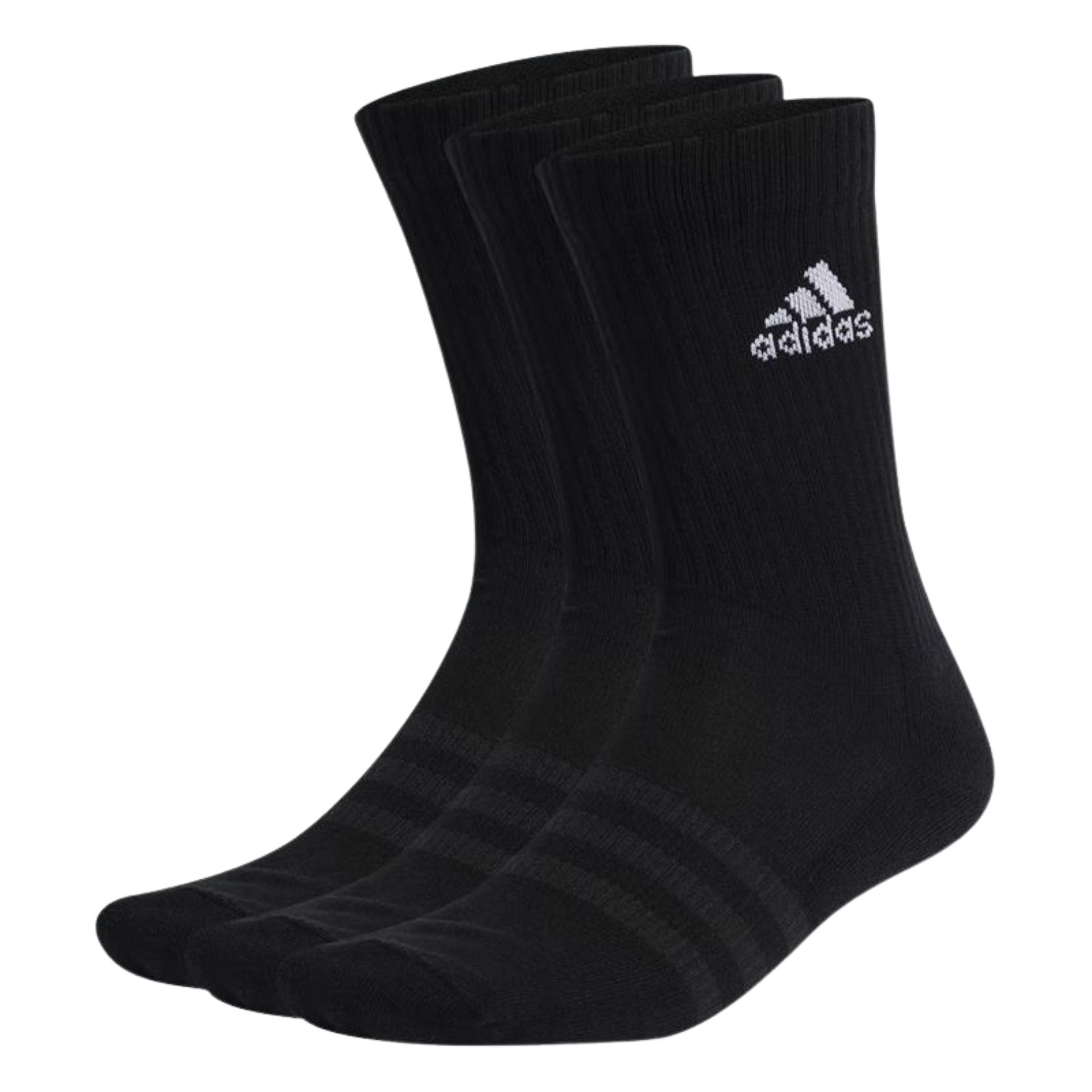 Set of three Adidas Cushioned Crew Socks for adults, featuring comfortable fit and sporty design, ideal for athletic activities.