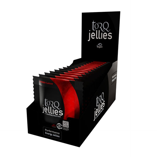Box of 15 Torq Energy Jellies for sports nutrition, featuring colorful gel packets designed for quick energy during exercise.