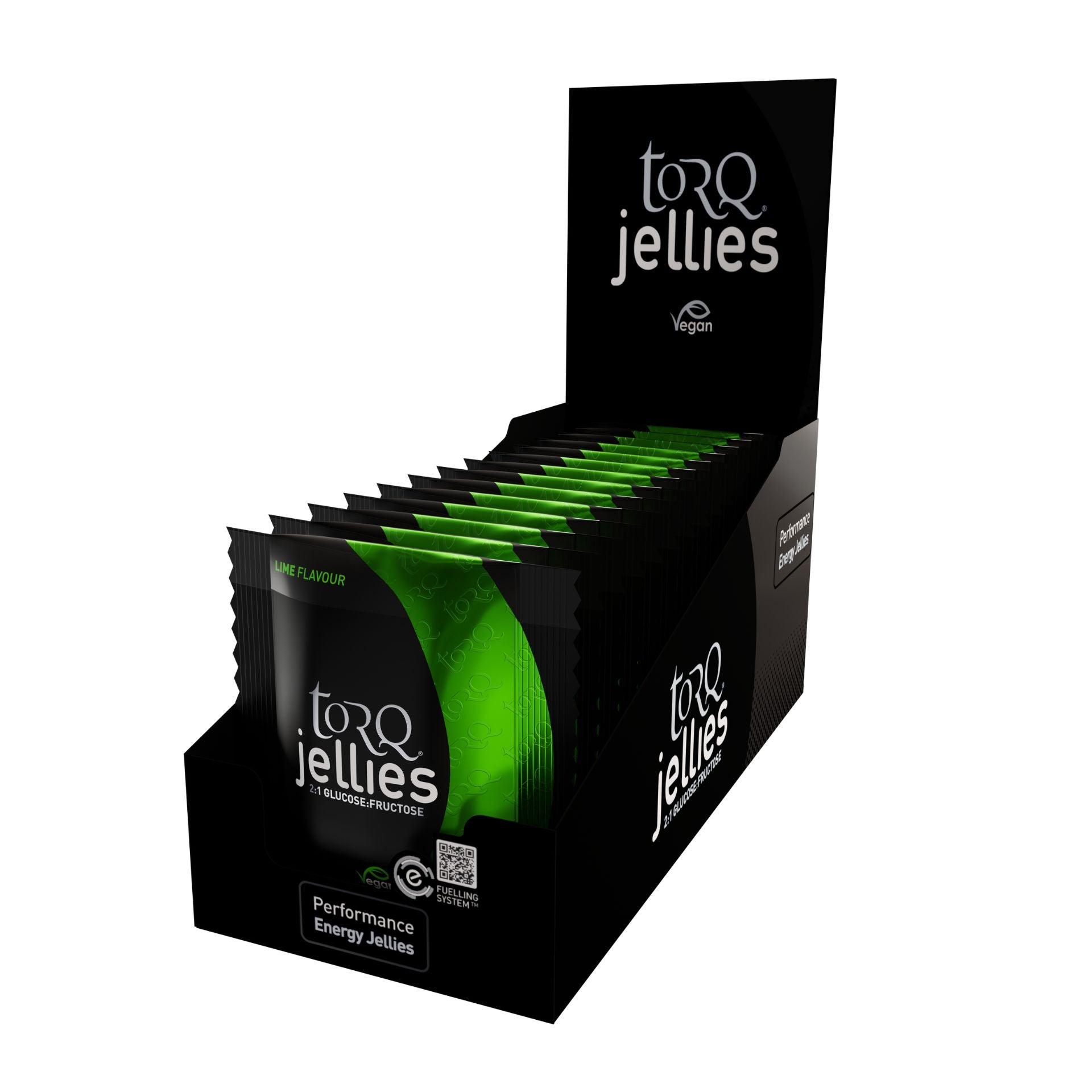 Box of 15 Torq Energy Jellies for sports nutrition, featuring colorful gel packets for energy during athletic activities.