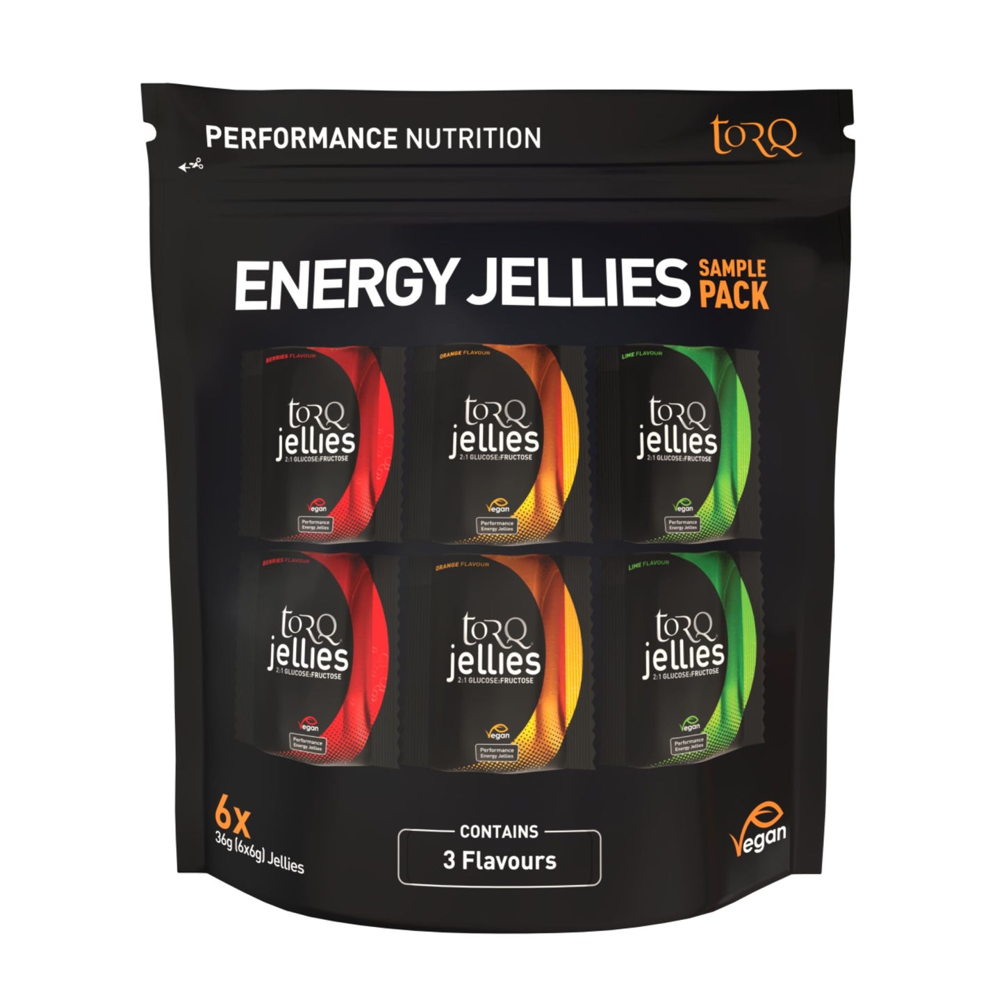 Torq Energy Jellies 6-pack sampling of sports nutrition gels, showing colorful jelly packets for athletes and active lifestyles.