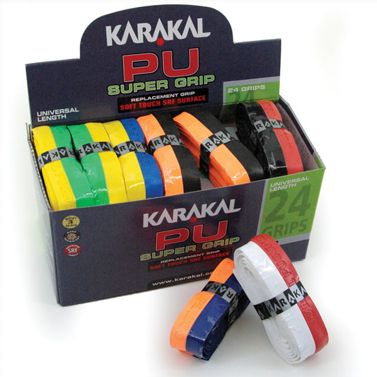 Karakal Duo PU Super Grip pack of 24 sporting goods grips, featuring textured surface for enhanced tennis or badminton racket handling.