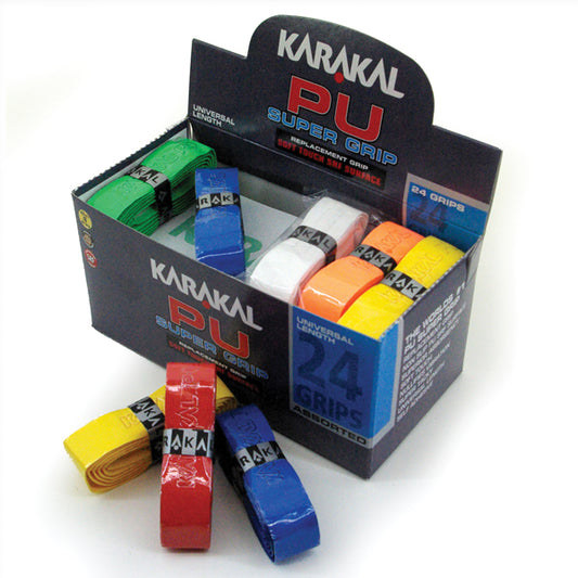 Karakal Coloured PU Super Grip pack of 24, sporting goods tennis or badminton grips, with vibrant colored textured surface.