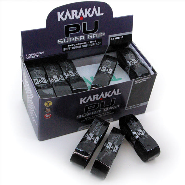 Karakal Black PU Super Grip pack of 24, sporting goods, showing textured black grips suitable for tennis or squash rackets.