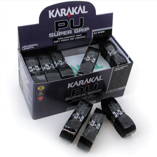 Karakal Black PU Super Grip pack of 24, sporting goods, showing textured black grips suitable for tennis or squash rackets.