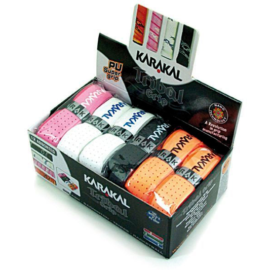 Karakal Tribal Grip pack of 12 sporting goods grips, black and white traditional tribal design, for tennis or squash rackets.