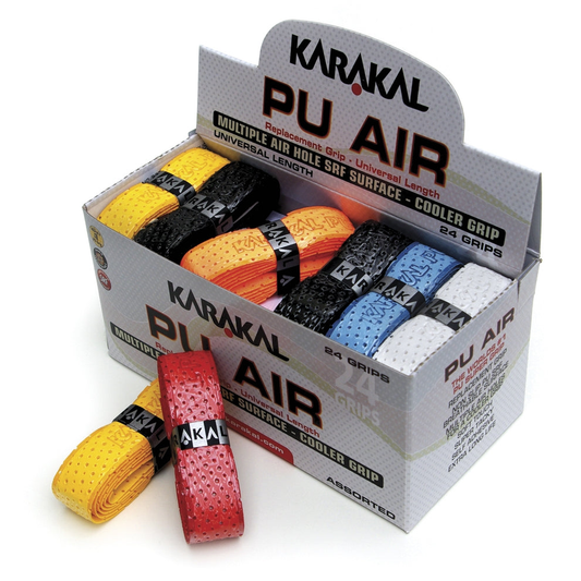 Assorted color Karakal PU Super Air Grip pack of 24 sports grips for tennis or badminton rackets, flexible and durable.