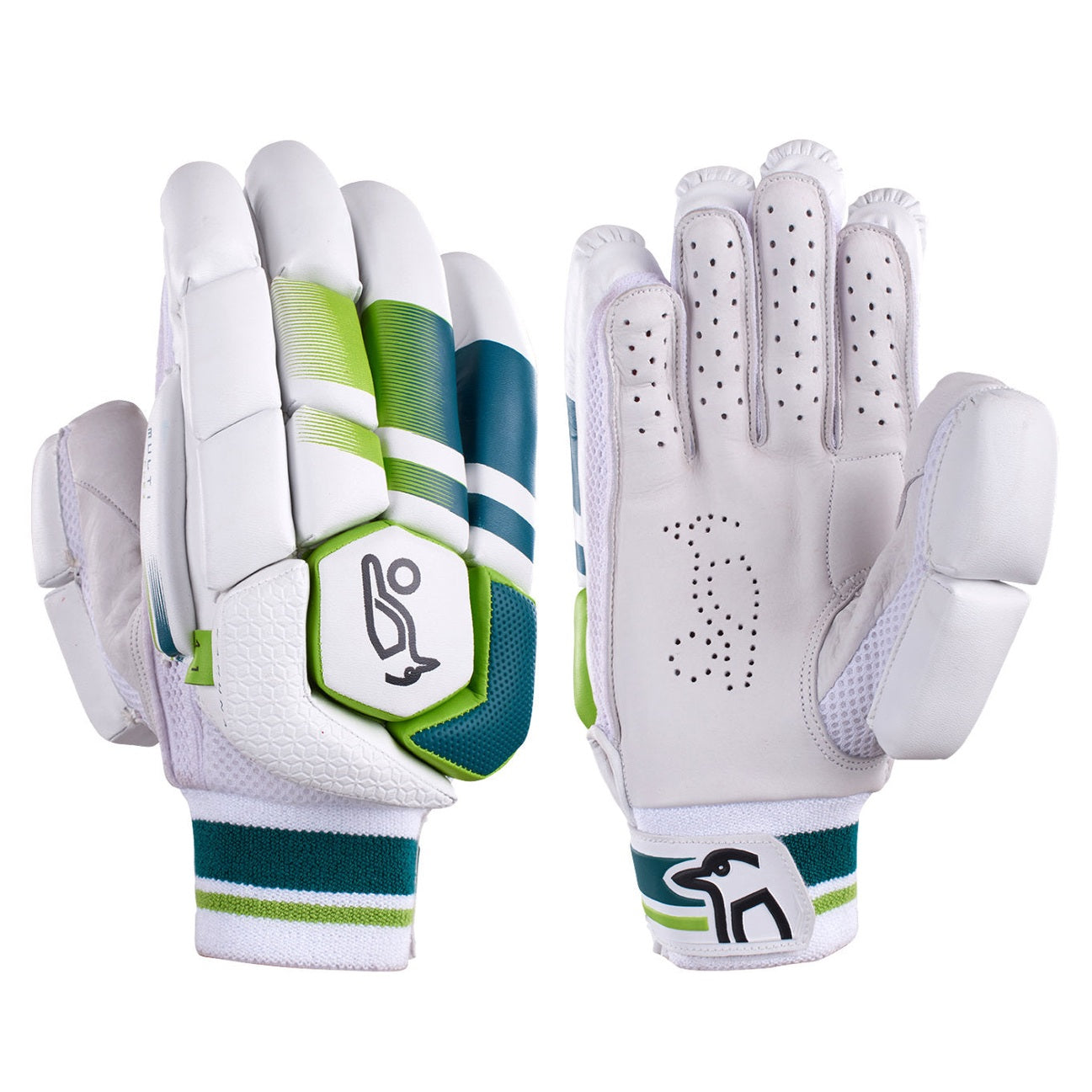 Kookaburra Kahuna 4.1 cricket batting gloves with padded palms and adjustable straps, designed for protection and comfort.