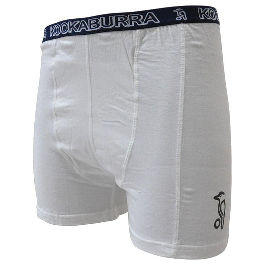 Kookaburra junior jock short with integral pouch, sports protective gear in navy blue with white accents, front view.