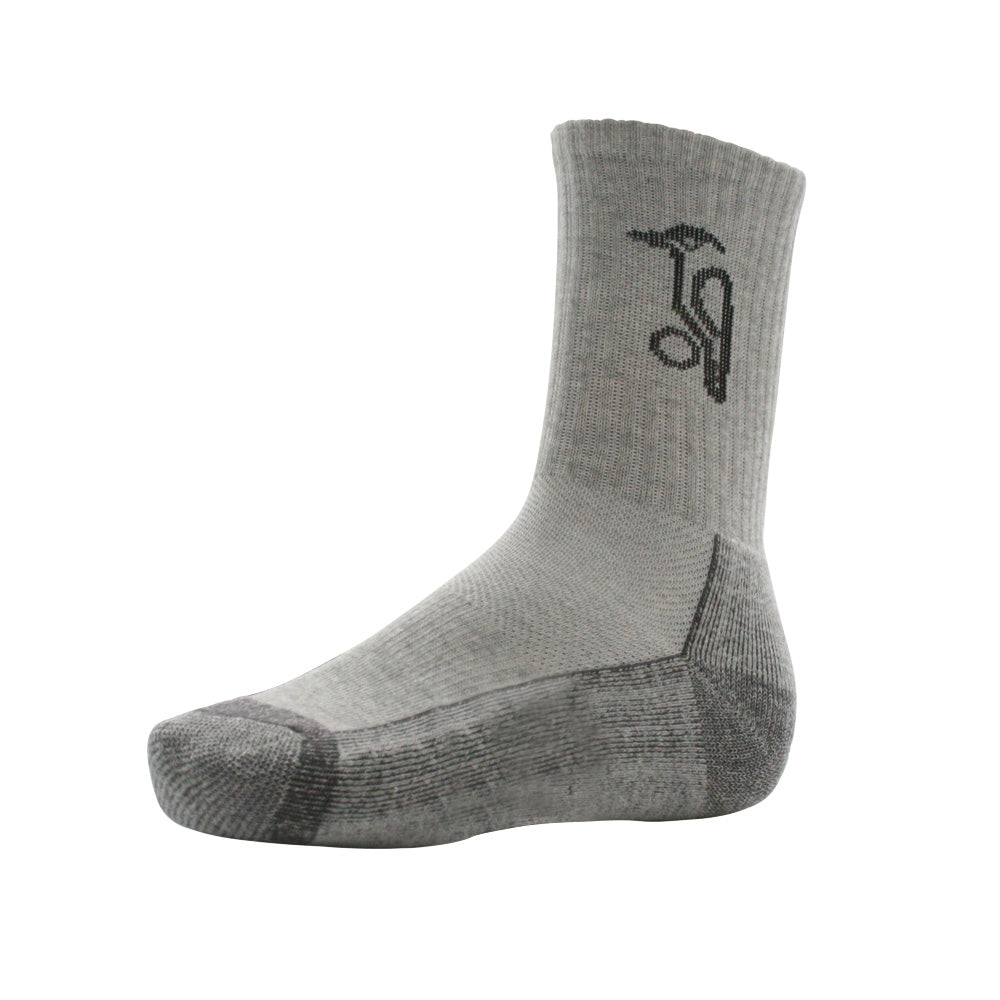 Kookaburra 2019 grey cricket sock, single pair, featuring breathable fabric and athletic cushioning for cricket players.