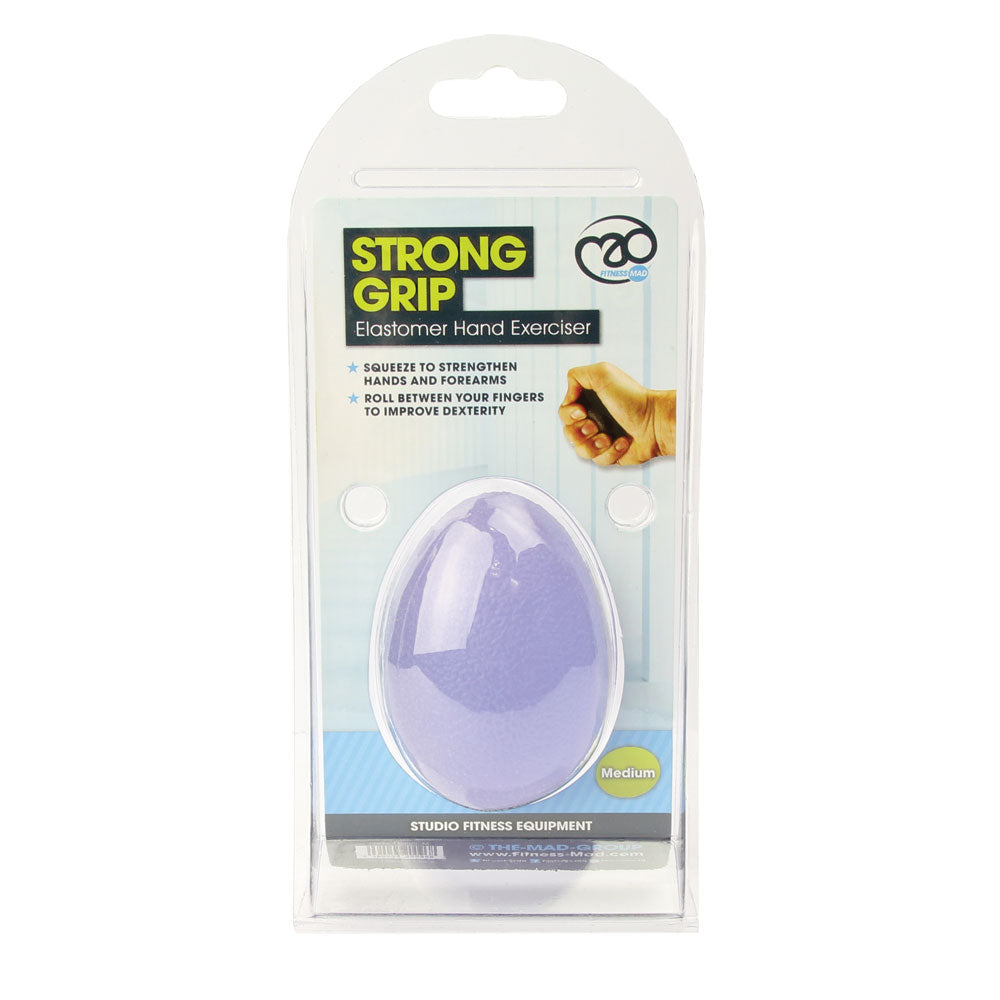 Fitness-Mad Yoga-Mad egg-shaped hand exerciser for grip strength and finger exercises, sporting goods product with a bright orange design.