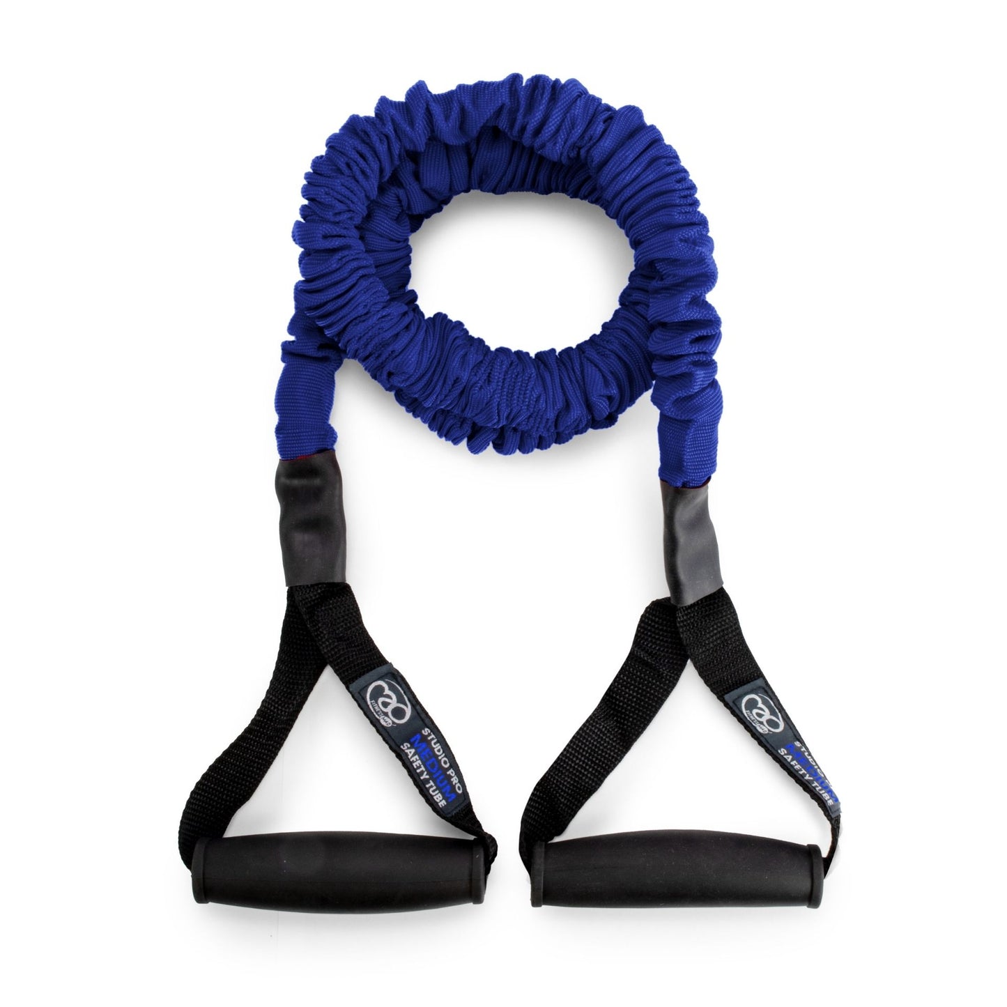 Fitness Mad Safety Resistance Trainer in medium blue for fitness exercises, showing the  resistance band with handles.