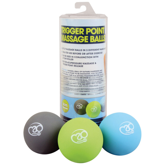 Fitness-Mad Trigger Point Massage Ball Set with three black massage balls for muscle relief and myofascial release.