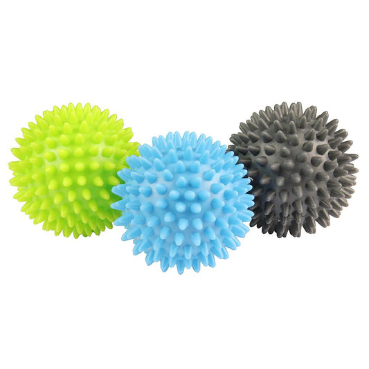Set of three Fitness Mad Spikey Massage Balls for muscle relief and relaxation, featuring textured, spiked surface for targeted massage.