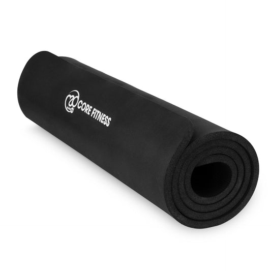 Fitness-Mad Core Fitness Mat 10mm in black, showing textured surface and thickness for core exercises and floor workouts.