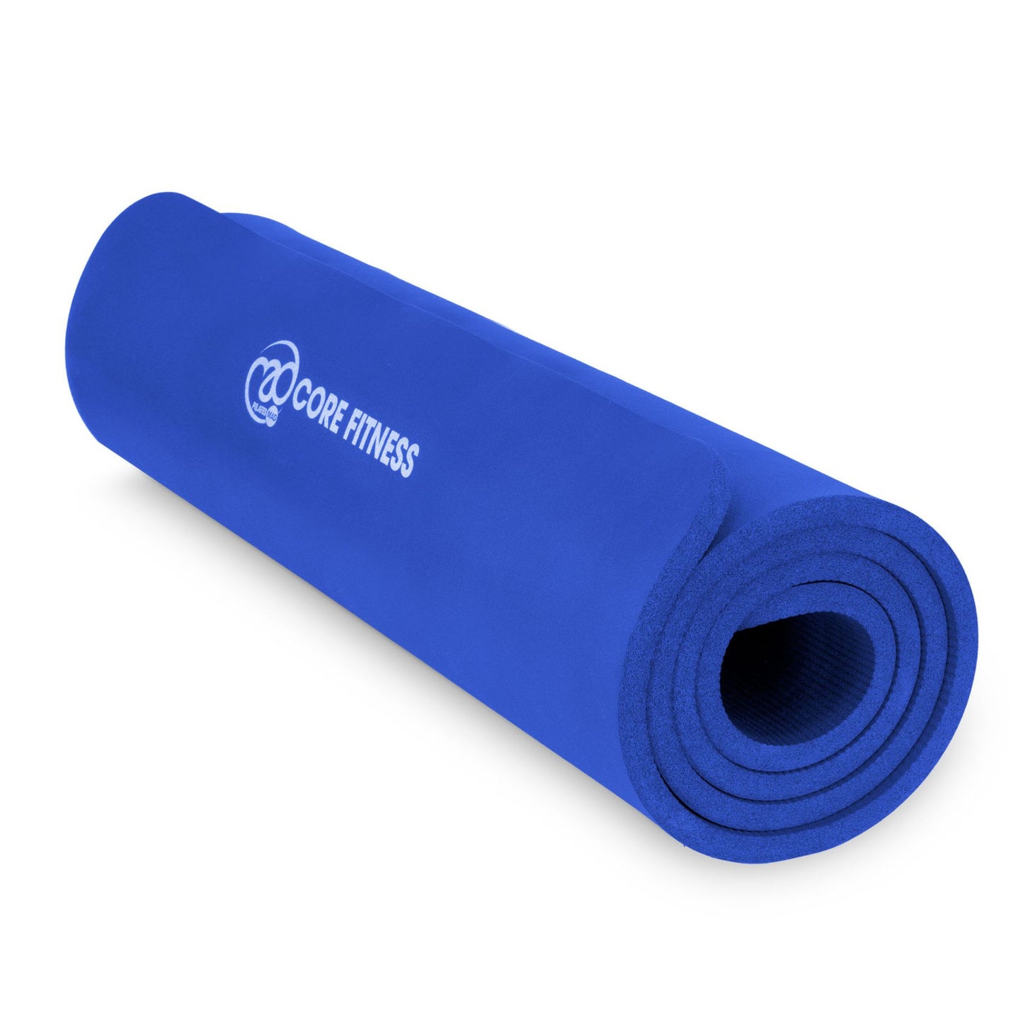 Fitness Mad Core Fitness Mat 10mm in black, shown rolled out on a gym floor, ideal for yoga and core workouts.